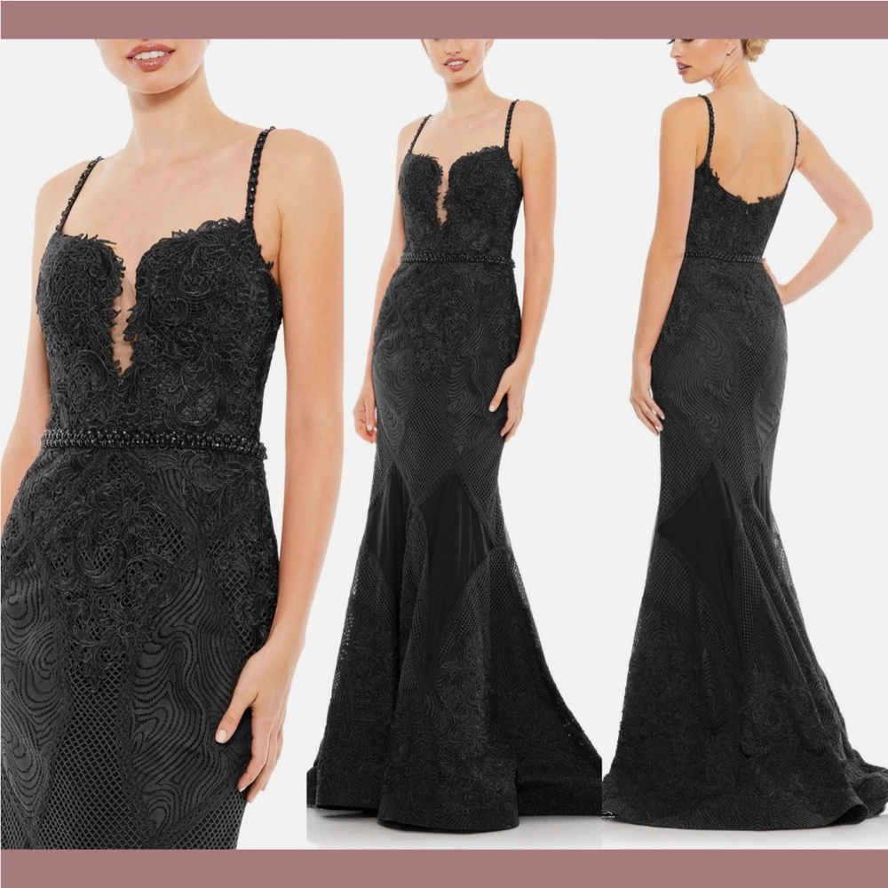NWT $798 Mac Duggal [ 8 ] Embroidered Punge‎ V Neck Trumpet Gown in Black